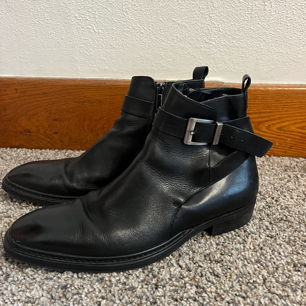 Karl Lagerfeld Black Leather Biker Buckle Boots With Zipper